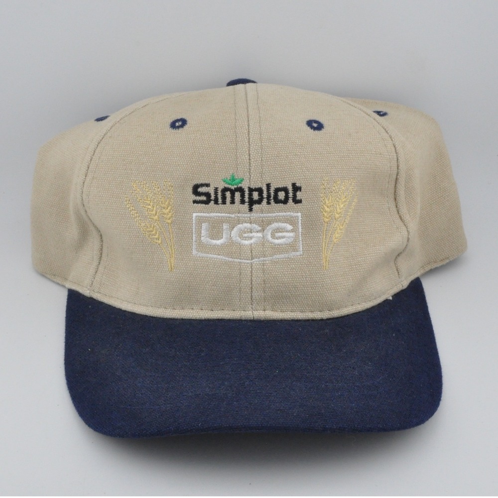 AJM‎ International Simplot UGG Hat Adjustable Tan Navy Blue Excellent Corporate